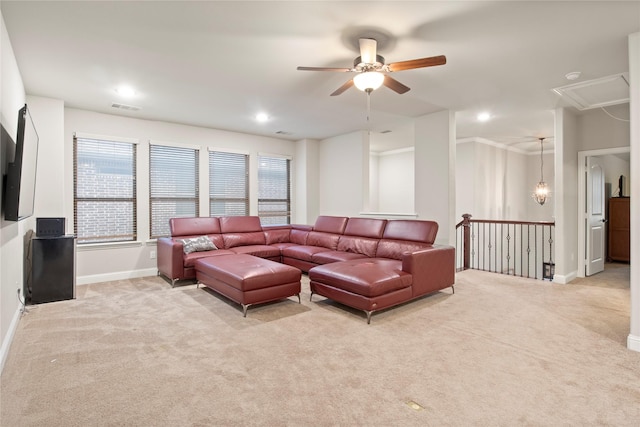 8225 Bonny Bank, The Colony, TX 75056 - living area featuring attic access, light colored carpet, ceiling fan, baseboards, and recessed lighting