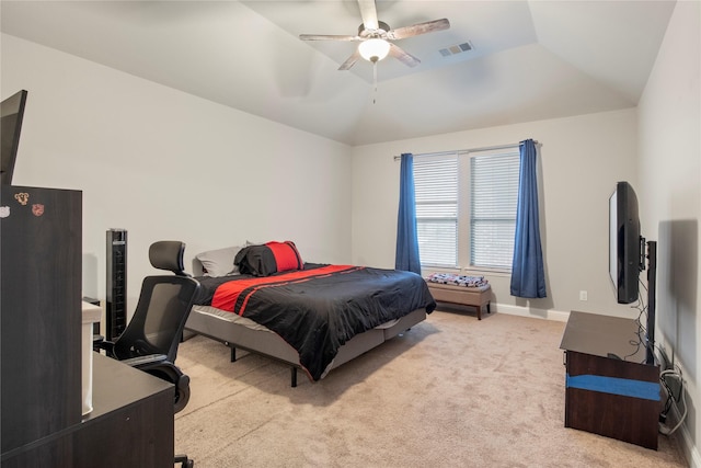 8225 Bonny Bank, The Colony, TX 75056 - bedroom with light carpet, vaulted ceiling, a ceiling fan, and baseboards