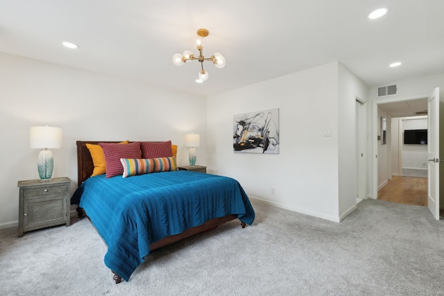carpeted bedroom with baseboards, recessed lighting, a chandelier, and visible vents