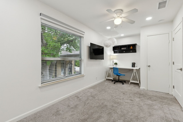 office area featuring a ceiling fan, visible vents, baseboards, carpet, and recessed lighting