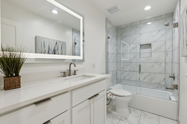 full bathroom featuring visible vents, vanity, toilet, marble finish floor, and recessed lighting
