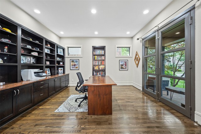 office featuring recessed lighting, baseboards, and dark wood-style floors