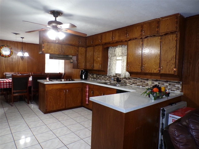 6905 Heritage Ln, Fort Worth, TX 76134 - kitchen with under cabinet range hood, a peninsula, a sink, and light countertops