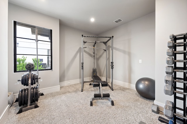 workout room with recessed lighting, baseboards, visible vents, and carpet