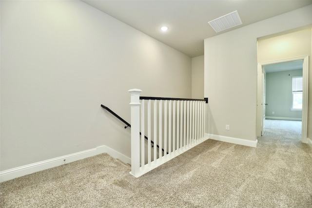4713 Piedras Lanzar Dr, Mckinney, TX 75070 - corridor featuring visible vents, carpet floors, baseboards, an upstairs landing, and recessed lighting