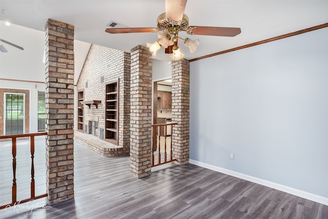 5220 Linton Cutoff Rd, Benton, LA 71006 - spare room with ceiling fan, visible vents, a fireplace, wood finished floors, and baseboards