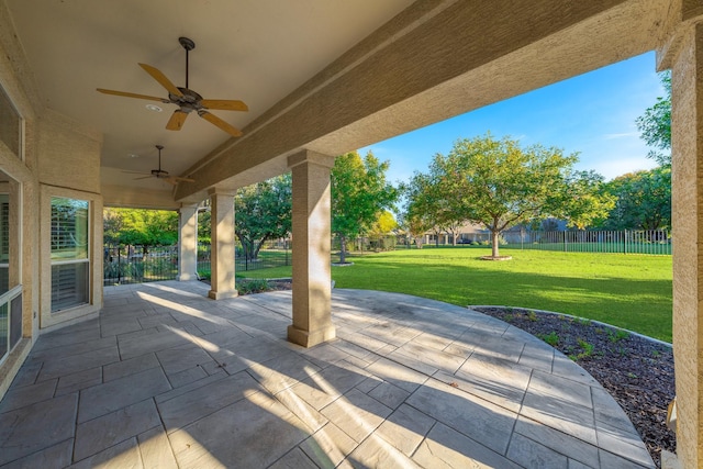 view of patio / terrace featuring fence private yard and ceiling fan
