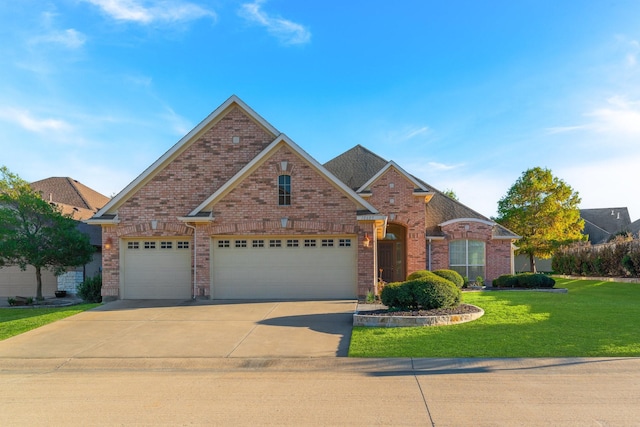 view of front of home featuring brick siding, driveway, a front yard, and a garage