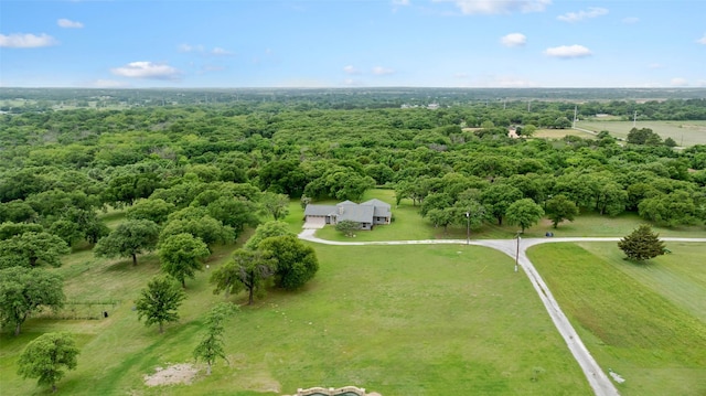 bird's eye view with a wooded view