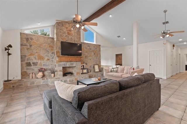 tiled living room featuring ceiling fan, a fireplace, baseboards, beamed ceiling, and visible vents
