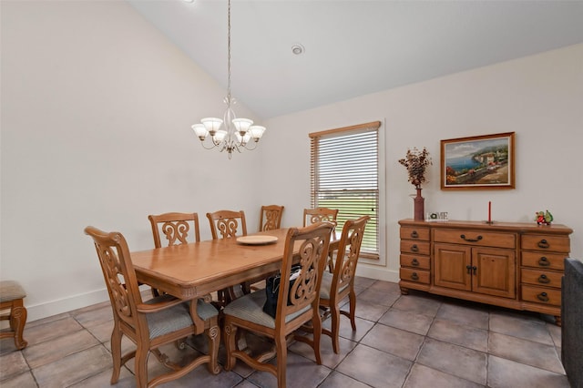 dining room featuring an inviting chandelier, baseboards, light tile patterned floors, and high vaulted ceiling