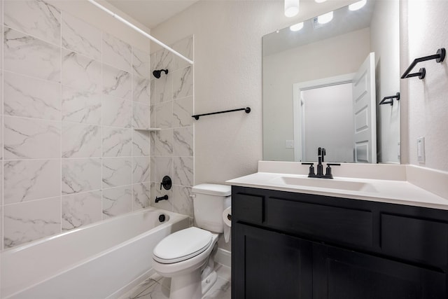 bathroom featuring shower / bathtub combination, toilet, marble finish floor, and vanity