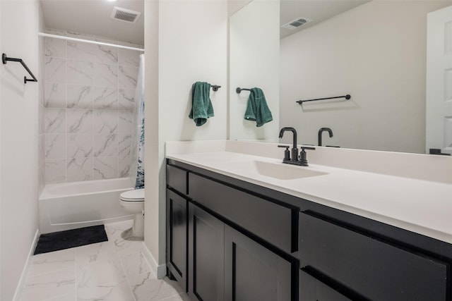 full bathroom featuring baseboards, visible vents, toilet, and marble finish floor