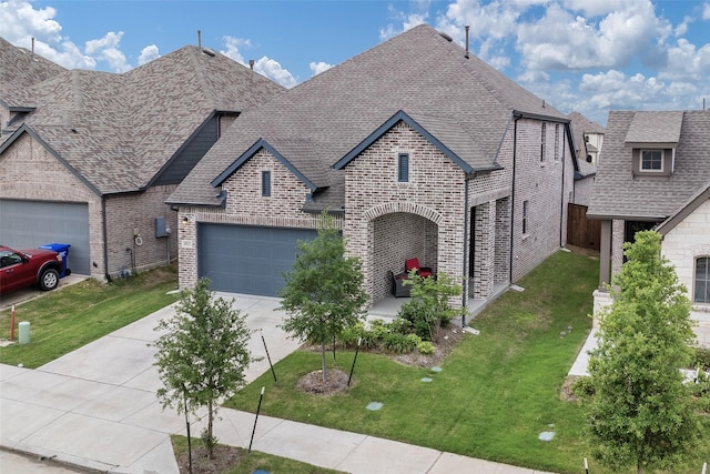 french country style house featuring concrete driveway, a front yard, and brick siding