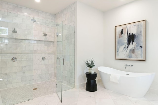 3920 Davila Dr, Dallas, TX 75220 - bathroom with a stall shower, a freestanding bath, baseboards, recessed lighting, and marble finish flooring
