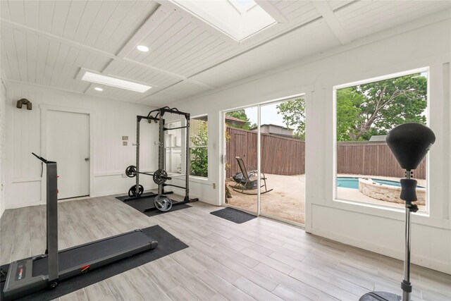 exercise room featuring a skylight, wood ceiling, and wood finished floors
