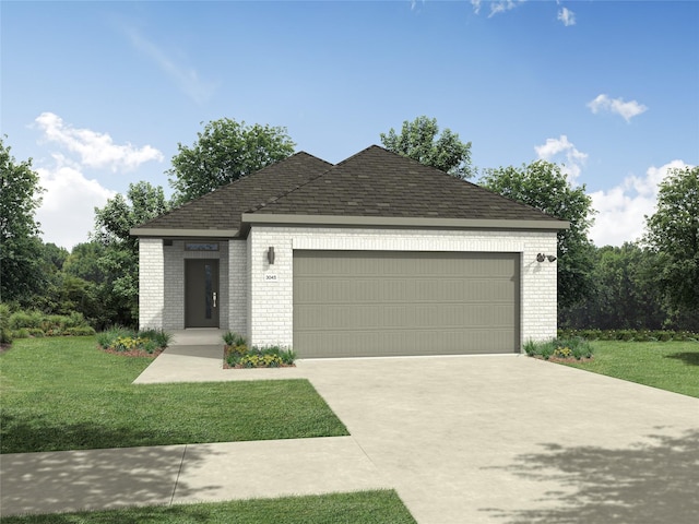 ranch-style house featuring concrete driveway, brick siding, an attached garage, and a front yard