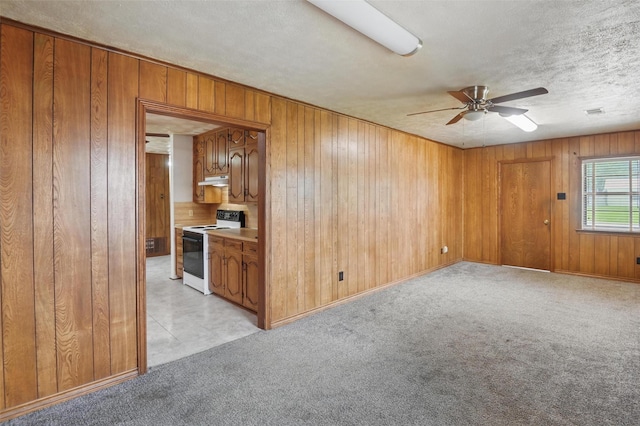 spare room featuring a textured ceiling, ceiling fan, wooden walls, and light carpet