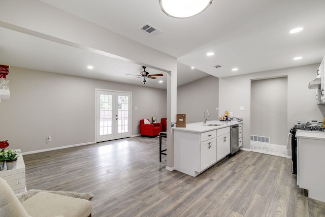 kitchen with stainless steel dishwasher, visible vents, a sink, and black range with gas stovetop