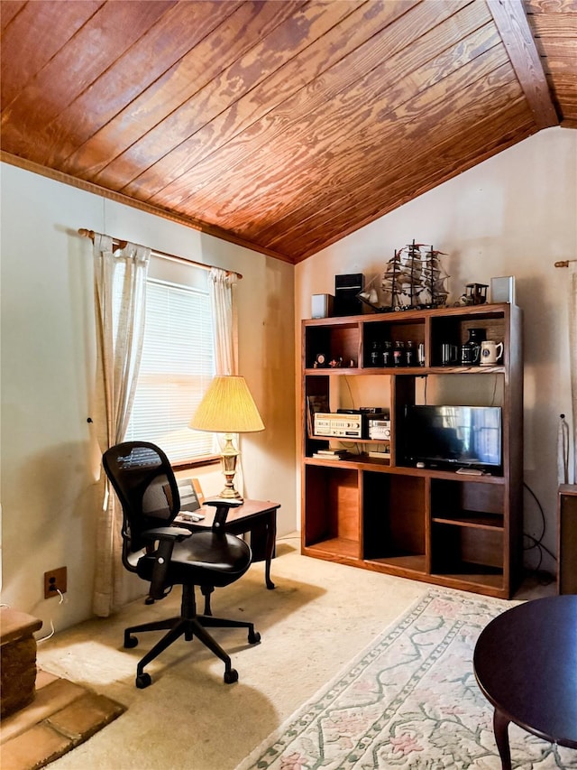 office featuring carpet flooring, wood ceiling, and vaulted ceiling