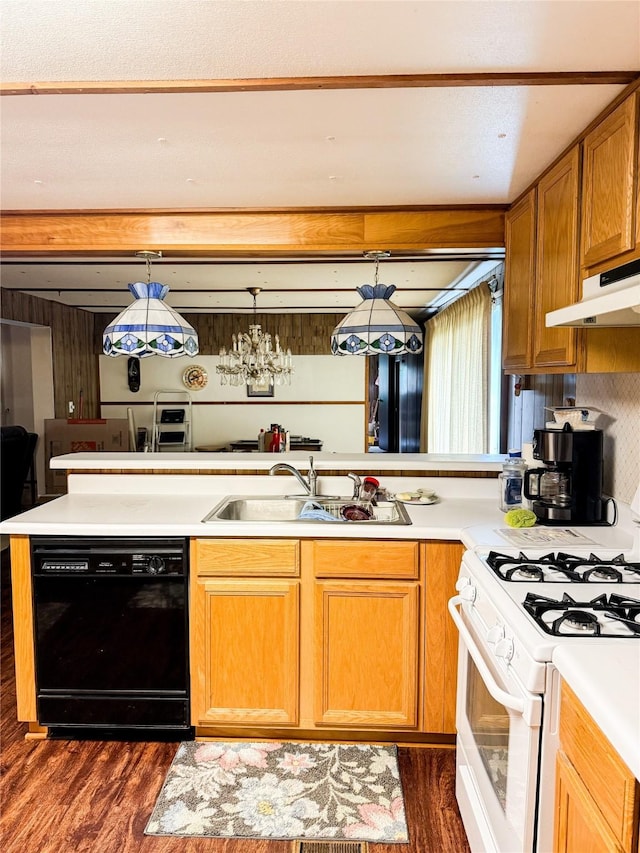 kitchen with dark wood-style flooring, black dishwasher, white gas stove, under cabinet range hood, and a sink