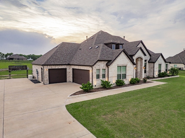 426 Norbury Dr, Rockwall, TX 75032 - french country home with a front lawn, fence, stone siding, a shingled roof, and concrete driveway