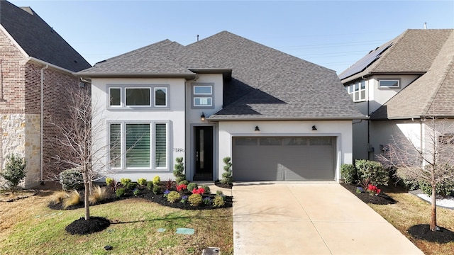 3720 Coldstream Dr, Irving, TX 75063 - view of front facade featuring a front lawn, stucco siding, a shingled roof, concrete driveway, and an attached garage