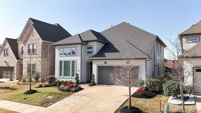 3720 Coldstream Dr, Irving, TX 75063 - french country inspired facade featuring a garage, stucco siding, a shingled roof, and concrete driveway