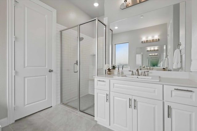 full bathroom with vanity, tile patterned flooring, and a shower stall