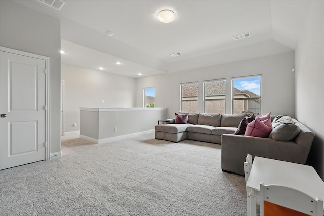 living room with baseboards, carpet flooring, recessed lighting, and visible vents