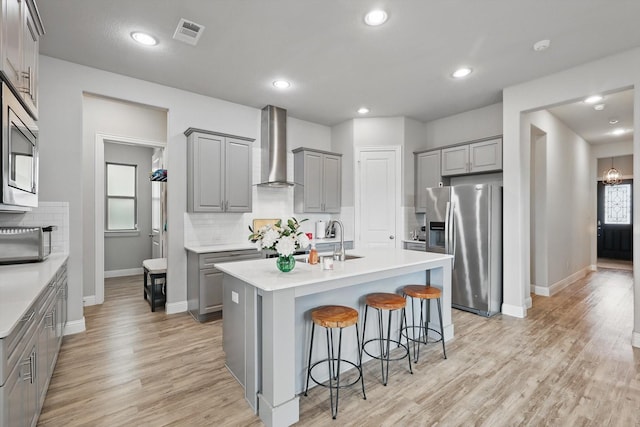 kitchen featuring visible vents, a breakfast bar area, wall chimney range hood, appliances with stainless steel finishes, and gray cabinetry