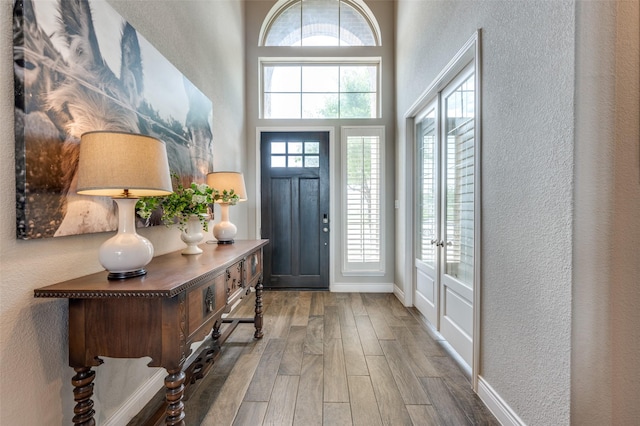 foyer entrance featuring baseboards, a high ceiling, a textured wall, and wood finished floors