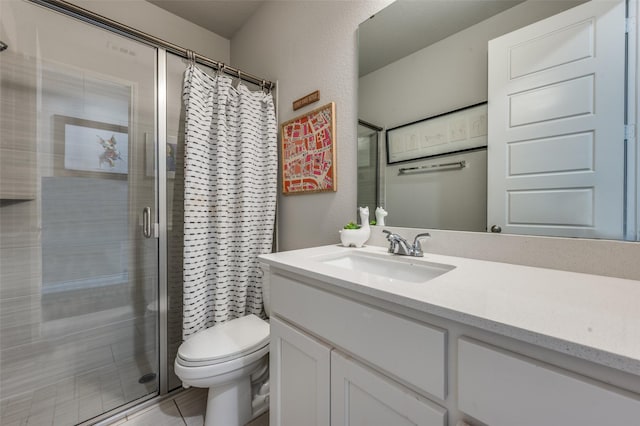 full bath featuring vanity, toilet, and a shower stall
