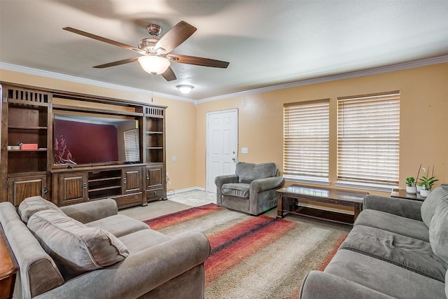 4214 Landrum Ave, Dallas, TX 75216 - carpeted living area featuring crown molding, a ceiling fan, and baseboards