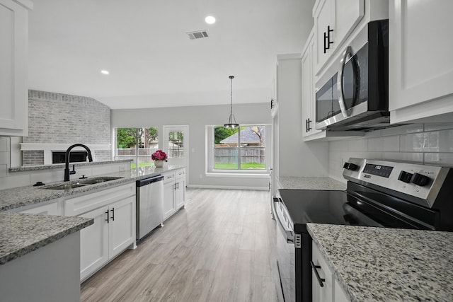 kitchen featuring visible vents, a sink, white cabinetry, and stainless steel appliances