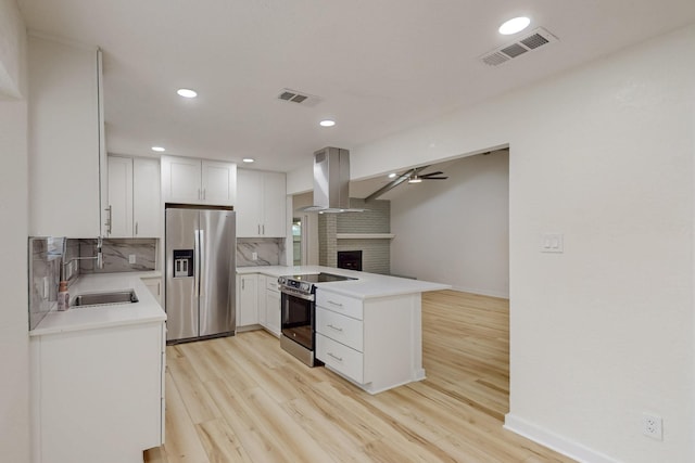 kitchen featuring appliances with stainless steel finishes, a sink, ventilation hood, a peninsula, and decorative backsplash