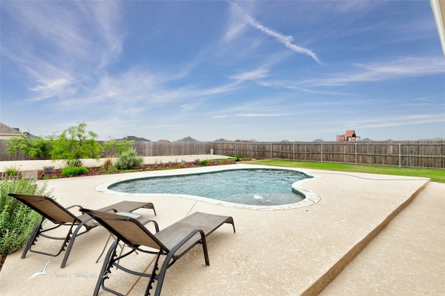 view of pool with a fenced backyard, a fenced in pool, and a patio