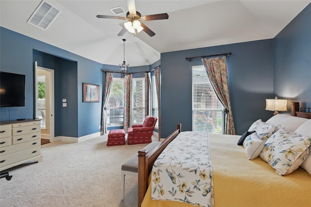 bedroom featuring ceiling fan, carpet, baseboards, lofted ceiling, and visible vents