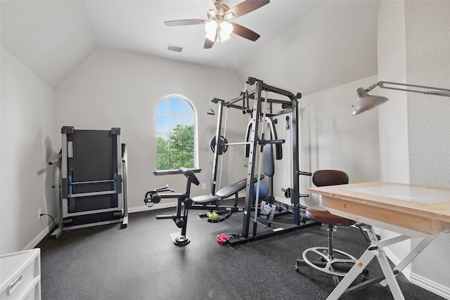 workout area featuring visible vents, baseboards, ceiling fan, and vaulted ceiling