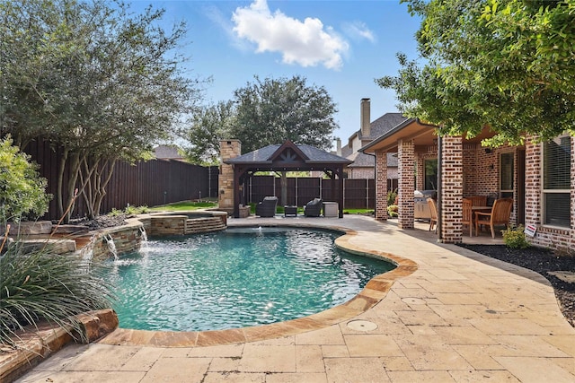 view of pool featuring a gazebo, a fenced backyard, and a patio