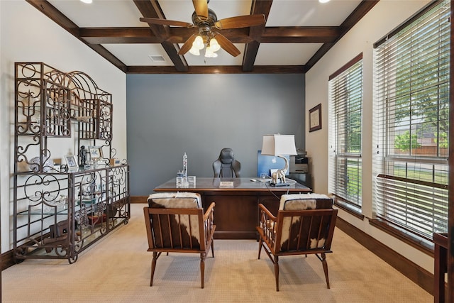 office space featuring coffered ceiling, baseboards, a ceiling fan, and visible vents