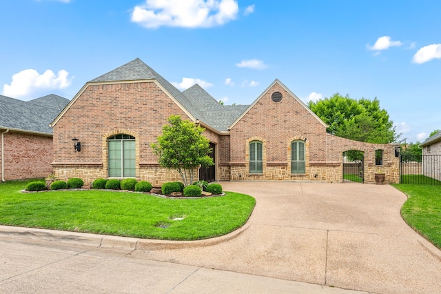 french country style house featuring fence, a front lawn, stone siding, brick siding, and driveway