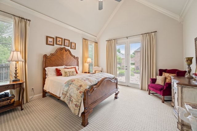 1028 Gabriel Ln, Fort Worth, TX 76116 - bedroom featuring light carpet, access to exterior, vaulted ceiling, ornamental molding, and a ceiling fan
