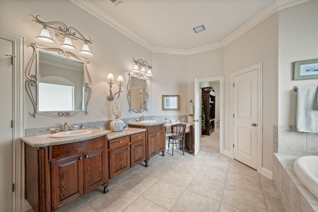 full bath featuring double vanity, tile patterned floors, ornamental molding, and a sink