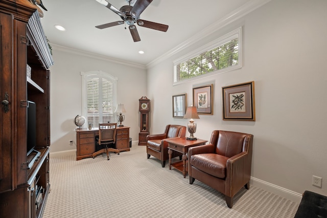 1028 Gabriel Ln, Fort Worth, TX 76116 - home office with light carpet, baseboards, ceiling fan, crown molding, and recessed lighting