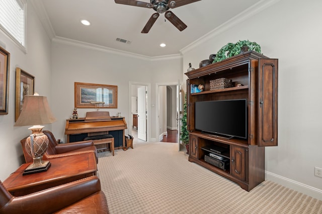 1028 Gabriel Ln, Fort Worth, TX 76116 - living area featuring a ceiling fan, carpet, ornamental molding, baseboards, and recessed lighting