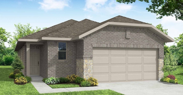 exterior space with a garage, concrete driveway, roof with shingles, and brick siding
