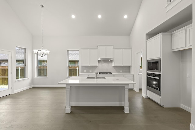 4327 Hudson St, Fate, TX 75087 - kitchen featuring high vaulted ceiling, appliances with stainless steel finishes, light countertops, under cabinet range hood, and decorative backsplash