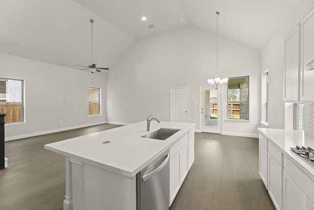 4327 Hudson St, Fate, TX 75087 - kitchen featuring a sink, stainless steel dishwasher, dark wood-style floors, light countertops, and high vaulted ceiling