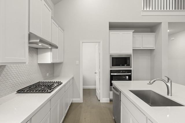 4327 Hudson St, Fate, TX 75087 - kitchen featuring range hood, appliances with stainless steel finishes, a sink, light wood-type flooring, and white cabinetry